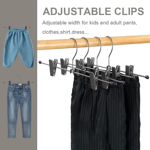 Vista 5 de Perchas para pantalones de 13.8 pulgadas, color gris oscuro, perchero con clips, clips de metal, perchas para pantalones que ahorran espacio