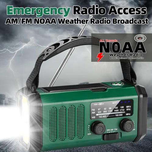 Vista 4 de QAUYYW Radio de emergencia con manivela, radio NOAA AM FM meteorológica portátil con manivela de 37000 mAh solar, con linterna de 3 modos y luz