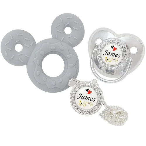 Vista 9 de Juego de chupete personalizado y clip para chupete con nombre, chupete personalizado, nombre y cadena personalizados, juguetes mordedores de Dorado