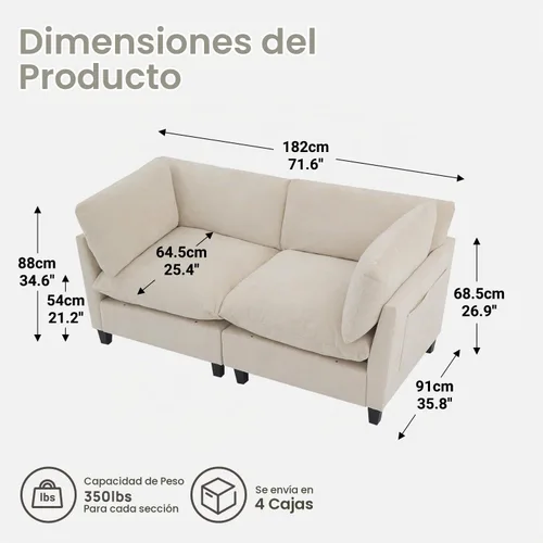 Vista 2 de Iroomy Sofá modular modular de felpilla de gran tamaño, asiento cómodo profundo, sofás de 2 plazas para sala de estar, color beige