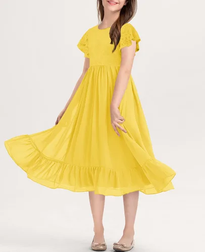 Vista 7 de MITILLY Vestido midi de gasa con volantes y cuello redondo y encaje elegante para niñas