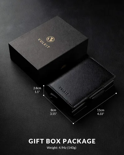 Vista 6 de VULKIT Tarjetero de cuero con bloqueo RFID, billetera desplegable automática con bloqueo RFID, cartera magnética para tarjetas doble para hombres