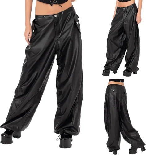 Vista 6 de WOBONIU Pantalones cargo de piel sintética para mujer, cintura baja, color sólido, holgados con bolsillos, ropa urbana Y2k