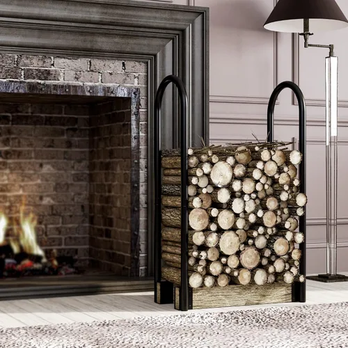 Vista 4 de Fire Beauty Kit de soporte ajustable para leña, soporte de almacenamiento de madera para chimenea, polvo negro, acero recubierto, exterior e