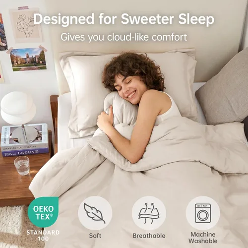 Vista 2 de MUXHOMO Juego de edredón beige tamaño individual/individual XL, ropa de cama alternativa ultrasuave para todas las estaciones. El juego de cama