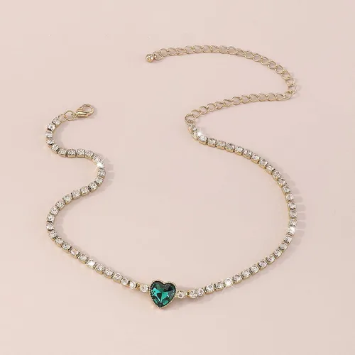 Vista 3 de Collar de tenis de cristal con forma de corazón, gargantilla de corazón de cristal verde, gargantilla de tenis con diamantes de imitación