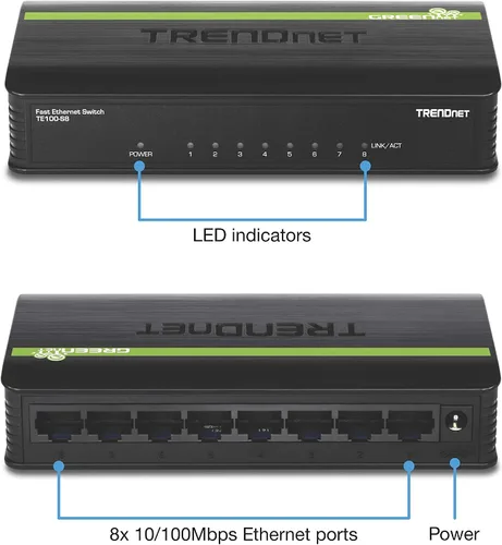 Vista 2 de TRENDnet Interruptor de escritorio Ethernet GREENnet no administrado de 8 puertos 10/100 Mbps, TE100-S8, 8 puertos Ethernet de 10/100 Mbps
