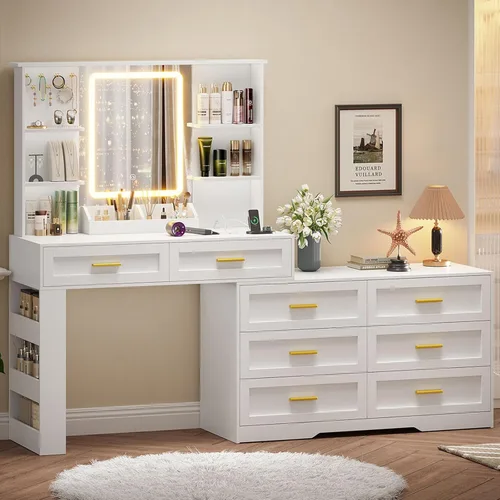 Vista 10 de ELYKEN Tocador de maquillaje con cómoda, escritorio de tocador con estación de carga y espejo iluminado para dormitorio, mesa de tocador