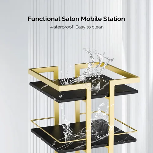 Vista 5 de Carrito de esteticista con ruedas, carrito rodante utilitario para salón, organizador de almacenamiento móvil negro dorado para belleza, spa