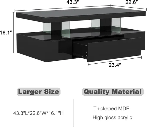 Vista 2 de ChooChoo Mesa de centro LED moderna, mesa central de alto brillo con cajón, mesa de centro negra con almacenamiento para sala de estar, dormitorio