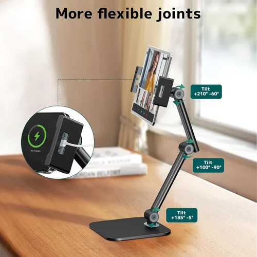 Vista 5 de Soporte para tablet para iPad, soporte de teléfono con base resistente para escritorio, soporte plegable ajustable multiángulo compatible