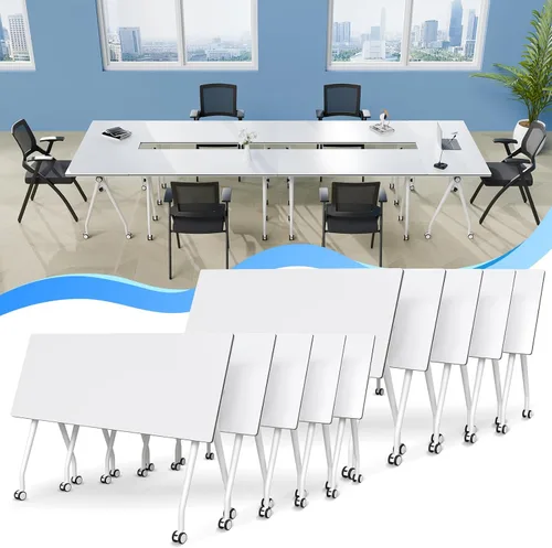 Vista 54 de Mesa de conferencias plegable con ruedas, mesa modular para sala de conferencias con 2 ojales para cables, mesas móviles de sala de reuniones