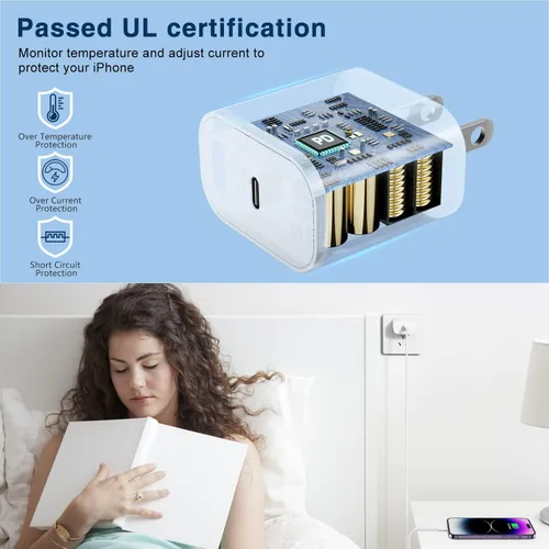 Vista 4 de Cargadores rápidos USB C de pared de 20 W, enchufe de alimentación con cable tipo C a Lightning de 6 pies, cable de carga Lightning