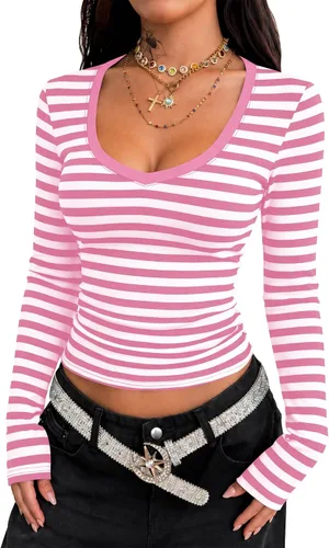 Vista 8 de LOMON Camisas de manga larga para mujer, cuello en V profundo, ajustadas Rayas grises y negras