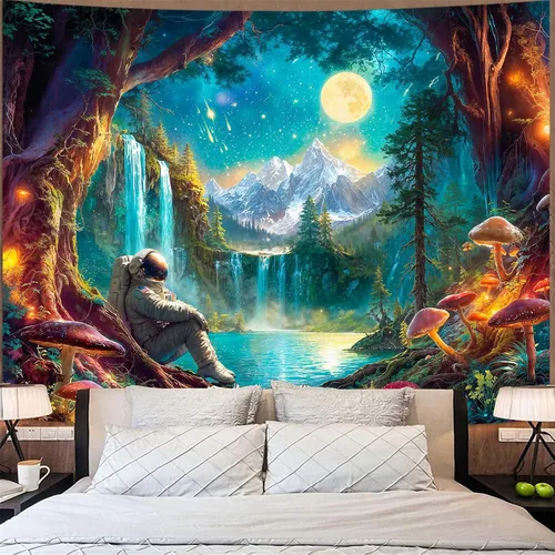 Vista 35 de Zussun Tapiz de hongo rojo, tapices de luna y estrella para dormitorio, estética de color beige, noche estrellada, planta verde, tapiz de pared