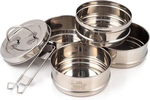 Vista 3 de Indian Tiffin, 4 contenedores acoplados para transportar comida.