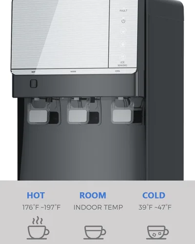 Vista 4 de IKT Dispensador de enfriador de agua fría y caliente con máquina de hielo para botella de 5 galones, 27 libras, capacidad diaria, luz nocturna
