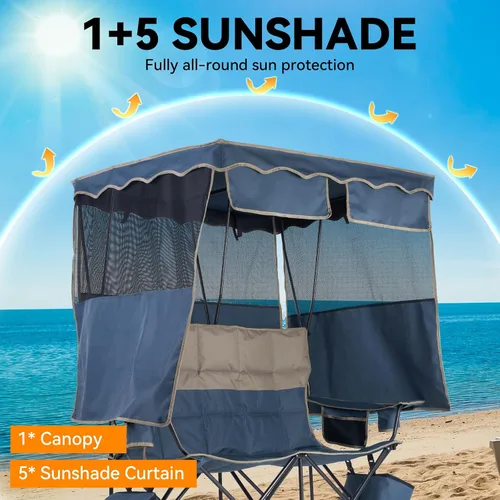 Vista 4 de Silla de playa doble con toldo, silla de camping con toldo, silla de campamento doble de gran tamaño con dosel, silla plegable de dos plazas con dos