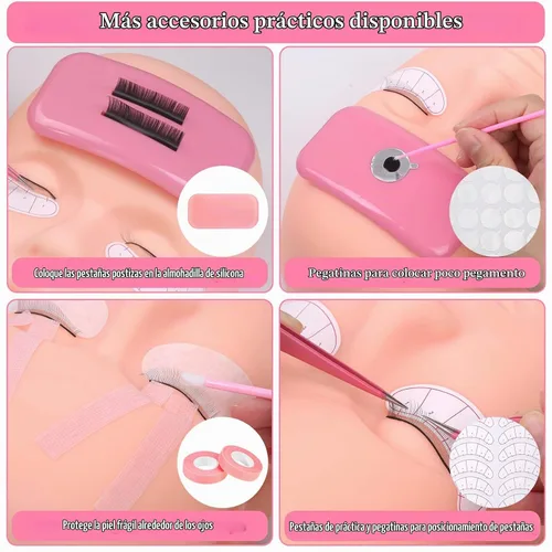 Vista 7 de Kit de pestañas para principiantes, kit de extensión de pestañas con cabeza de maniquí para pestañas, pegamento para pestañas individuales