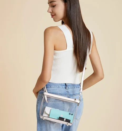 Vista 3 de Y&R Direct Bolsa cruzada 3 en 1 con cremallera transparente con ribete de cuero vegano para estadio, festival, concierto, regalos para el día