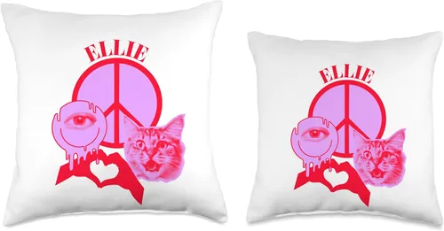 Vista 3 de Ellie Name Personalized Peace and Karma Co. Personalized Ellie First Name I Love Retro Cat Mom Throw Pillow, 16x16, Multicolor