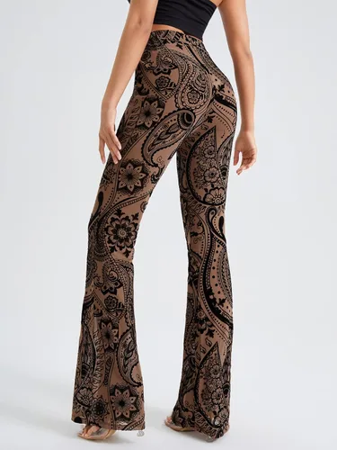 Vista 2 de OYOANGLE Pantalones de yoga de cintura alta para mujer, con estampado floral, pierna ancha