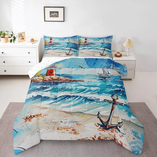 Vista 24 de Castle Fairy Juego de edredón de verano para niños, tamaño individual, diseño náutico reversible con diseño náutico de estrellas de mar, barco y Azul