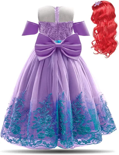 Vista 2 de keaiyouhuo Vestido de princesa sirena 3-13T para niñas disfraz de cosplay vestido de fiesta de cumpleaños peluca roja
