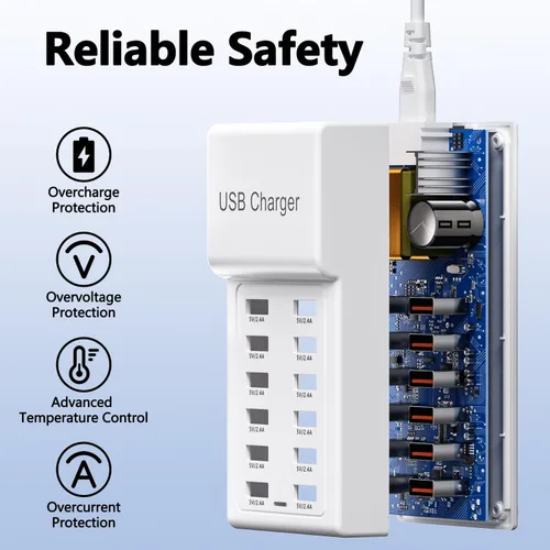 Vista 2 de Estación de carga USB de 50 W (10 A), 12 puertos, carga de escritorio USB, bloque de carga múltiple, concentrador USB compatible con iPhone
