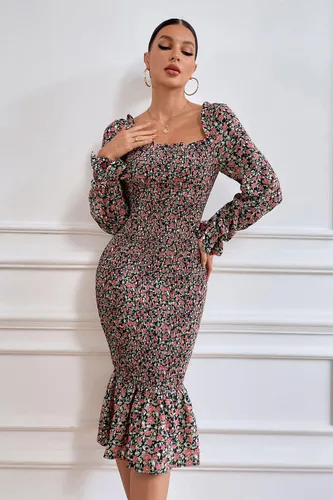 Vista 4 de PRETTYGARDEN Vestido midi ajustado floral de manga larga abombada para mujer, cuello cuadrado, volantes, vestido fruncido de sirena