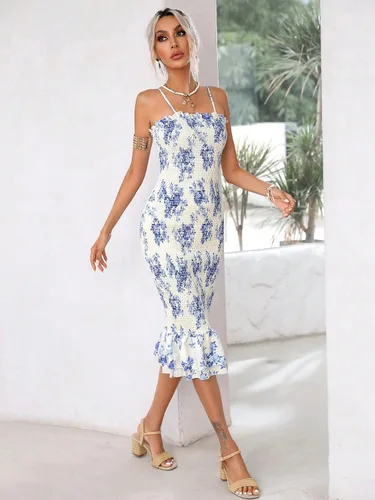 Vista 5 de Floerns Vestido de tirantes sin mangas con estampado floral elegante y dobladillo con volantes para mujer