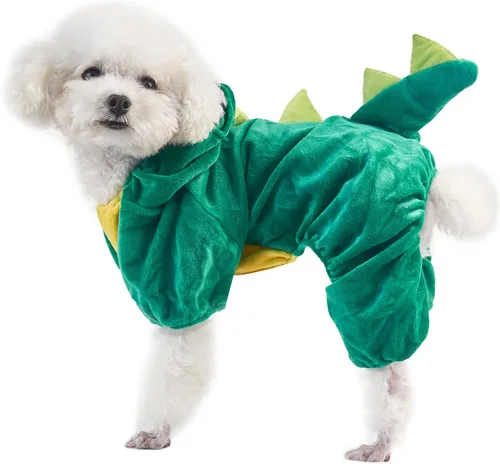 Vista 5 de Disfraz de dinosaurio para perro, ropa de perro de dinosaurio de Halloween, linda ropa para gatos, sudadera divertida con capucha para mascotas Verde