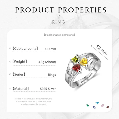 Vista 6 de Jeweidea Anillo de plata de ley personalizado con 3 piedras natales de imitación de corazón para mujer, mamá, abuela