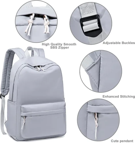 Vista 6 de Bluboon Mochila para la escuela para niños, mochila para niñas, mochila para computadora portátil, regalos para mujeres, Gris (Pure Grey), Mochilas