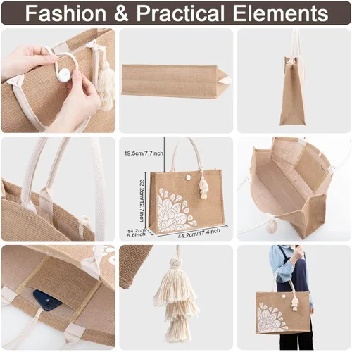 Vista 3 de itgowisa Bolsas de playa para mujer, lindas bolsas de yute reutilizables a la moda para playa, compras, viajes, regalo (grande y pequeña)