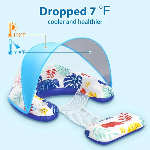 Vista 5 de LAYCOL Flotadores de piscina premium para adultos con dosel, elegante tumbona de piscina, flotadores de piscina resistentes para adultos, flotadores