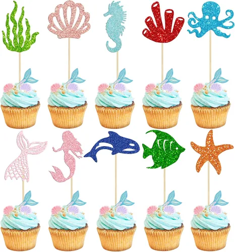 Vista 9 de Gyufise 1 pieza de decoración de pastel de sirena de feliz cumpleaños con purpurina de animales del océano, conchas marinas, cola de sirena