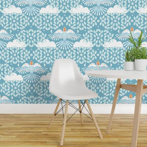Vista 3 de Spoonflower Blue Sky Folk Art Pre-Pasted Removable Wallpaper Sample 12" x 24" Dreaming Scandi Scandinavian Mystical Water-activated, simple to