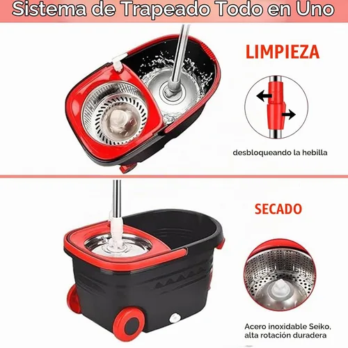 Vista 3 de Trapeador giratorio y cubo con escurridor en ruedas, sistema de cubo giratorio de 360° con 3 cabezales de repuesto de microfibra, mango extendido
