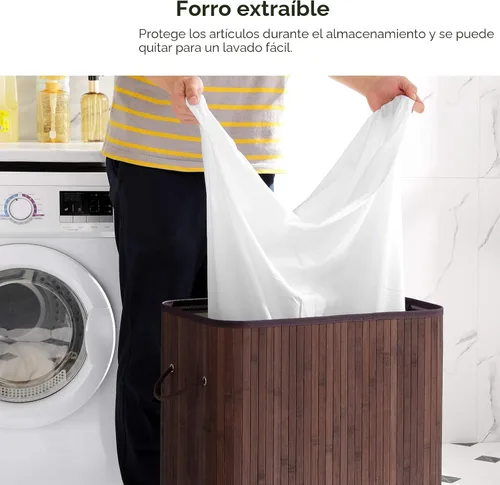 Vista 4 de SONGMICS Cesta de lavandería con tapa, cesta de lavandería de bambú con asas, cesta de almacenamiento plegable para lavandería, dormitorio, 100