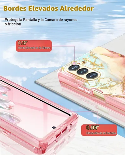 Vista 3 de Btscase Funda para Samsung Galaxy Z Fold 5, protector de pantalla frontal integrado, patrón de mármol dorado con purpurina de policarbonato duro
