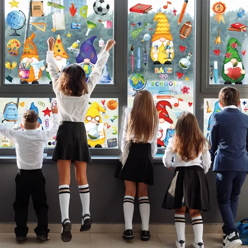 Vista 7 de Whaline 9 hojas de calcomanías para ventana de regreso a la escuela, gnomo lápiz libro globo mochila escolar, calcomanías para ventana
