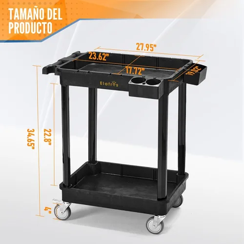 Vista 2 de ELAFROS Carrito Utilitario de 2 Estantes para Trabajo Pesado, 28 x 19 pulgadas, capacidad de 330 libras, plástico industrial, ruedas giratorias