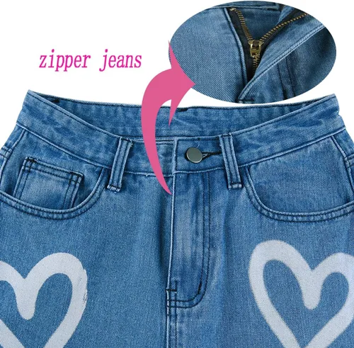 Vista 5 de Heart Print Jeans for Women Fashion Wide Leg High Waist Denim Pants Boyfriend Jeans Loose Fit Vintage Jeans for Teen Girls