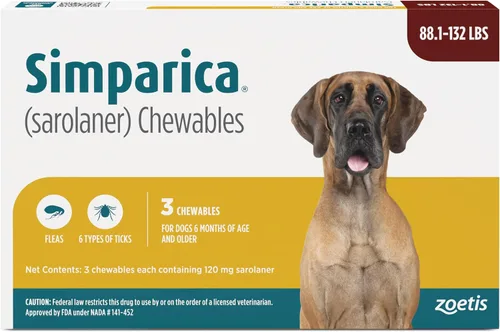 Vista 16 de Simparica (sarolaner) Masticables para perros, 120 mg/tab, 88.1-132 libras (marrón), 6 tabletas