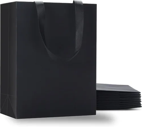 Vista 34 de Bolsas de regalo negras con asas, 10 bolsas de papel kraft de 5.25 x 3.75 x 8 pulgadas para bodas, fiestas, negocios, venta al por menor Negro
