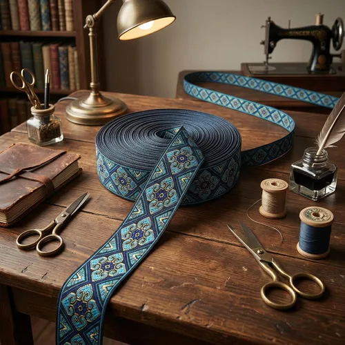 Vista 7 de Cinta jacquard boho de 5 yardas bordada azul marino para coser, bolso hecho a mano, decoración de ropa