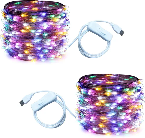Vista 22 de RUICHEN Guirnalda de luces USB de 33 pies, 100 luces LED con interruptor de encendido/apagado (blanco cálido, paquete de 2)