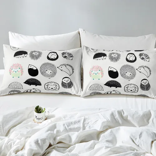 Vista 5 de Erosebridal Juego de funda de edredón Kawaii de tamaño individual, diseño de erizo de dibujos animados en blanco y negro, regalo de erizo para niñas