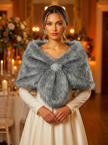 Vista 19 de Aukmla Bufanda de piel de boda para mujer con broche de diamantes de imitación para novia y damas de honor